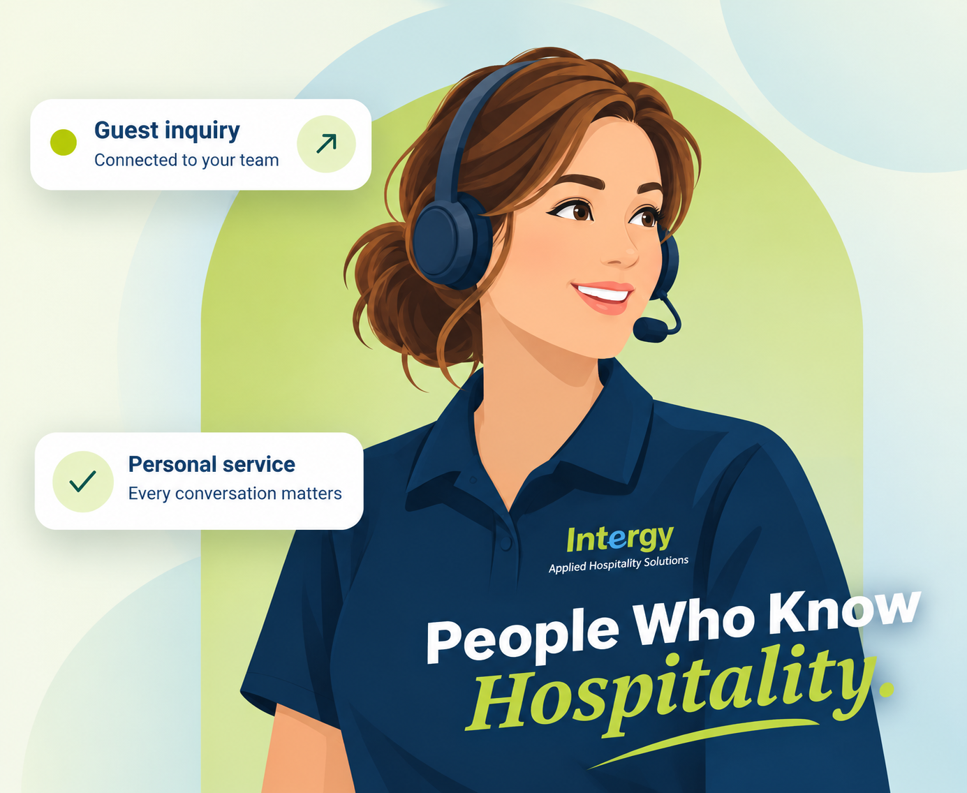 Illustrated Intergy reservations specialist wearing a headset, with guest inquiry and personal service messages